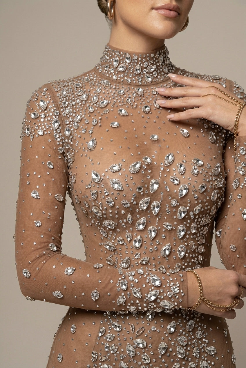 Glamorous fitted high-neck mesh maxi dress for women, with stunning rhinestone embellishments. Ideal formal party wear.