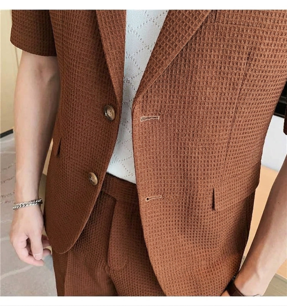 Men's casual blazer shorts set with a short sleeve lapel blazer & coordinating shorts, ideal for spring/summer menswear.