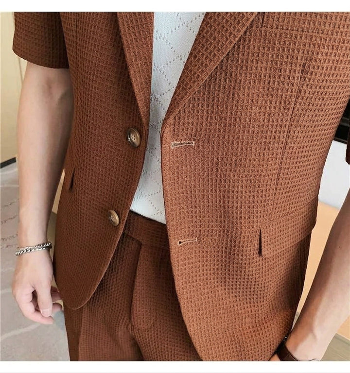 Men's casual blazer shorts set with a short sleeve lapel blazer & coordinating shorts, ideal for spring/summer menswear.