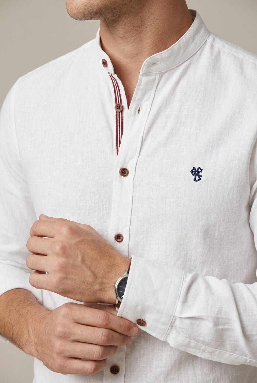 Breathable men's relaxed fit short sleeve stand collar shirt. Perfect tailored comfort for summer.