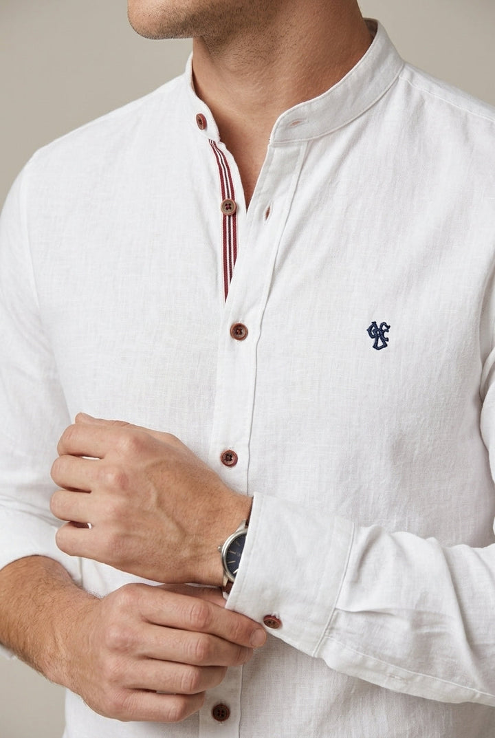 Breathable men's relaxed fit short sleeve stand collar shirt. Perfect tailored comfort for summer.