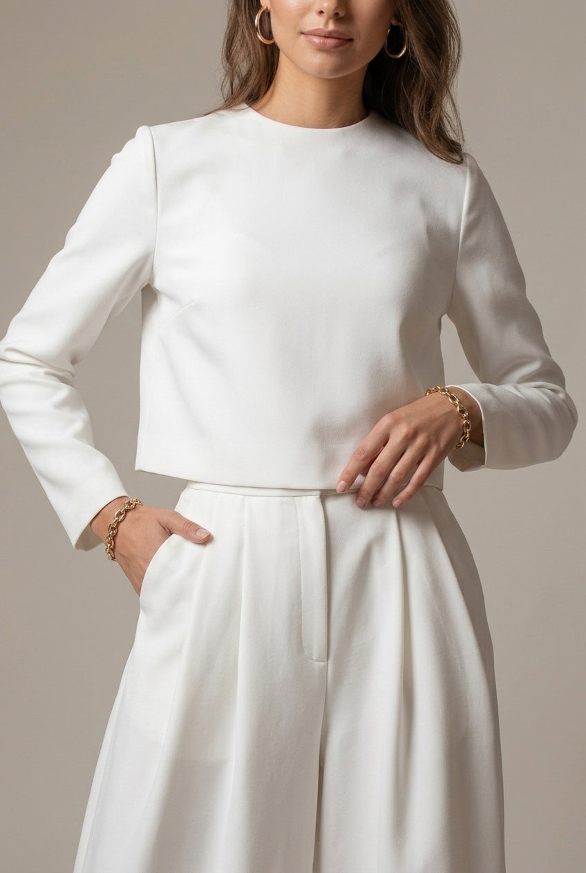 Women's comfy wide-leg palazzo pants and matching crop top set, ideal for all-season elegant wear.