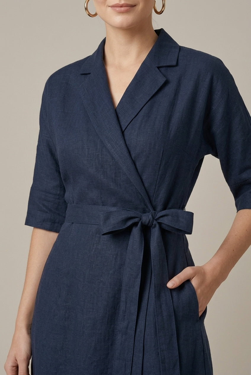 Relaxed fit women's midi wrap dress with a stylish belt, ideal for workwear and versatile occasions.