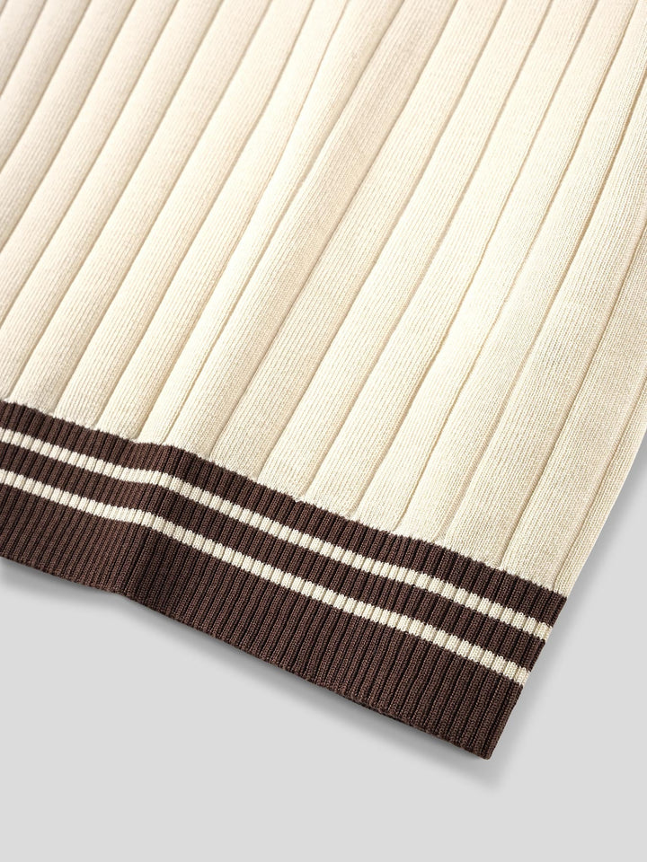 Men's casual ribbed knit short-sleeve polo in beige, perfect for everyday style, with striped trim.
