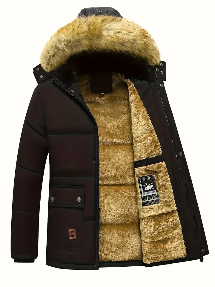 Insulated men's puffer jacket with faux fur hood for cold weather outerwear.