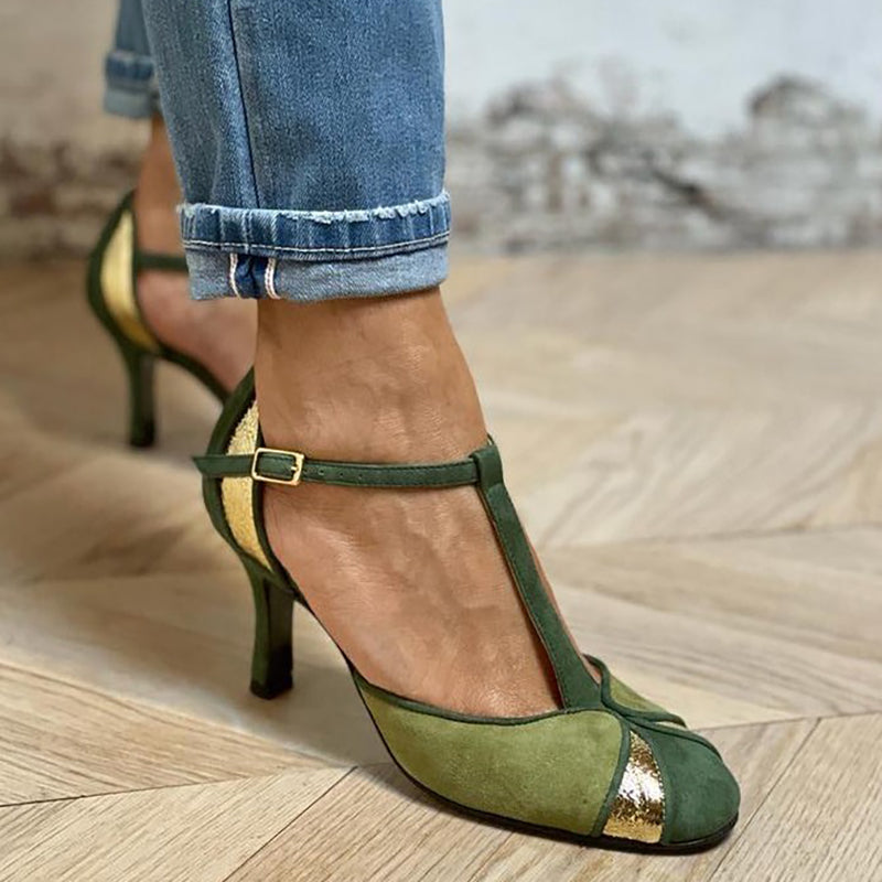 Classic women's T-strap Mary Jane shoes with elegant slim heel, closed toe, & versatile design.