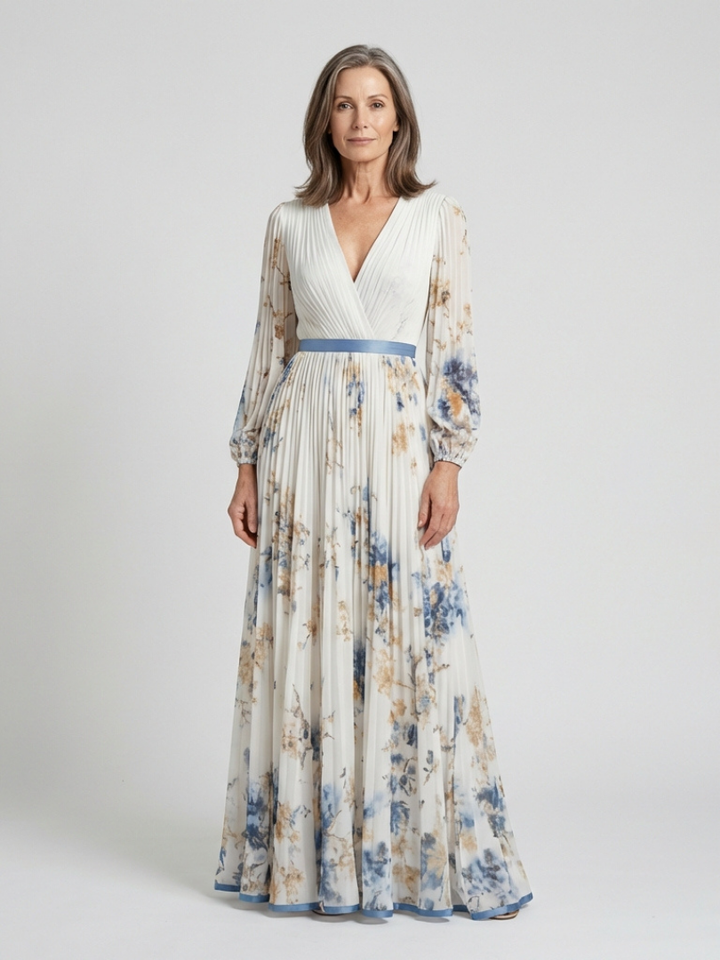 Elegant women's floral maxi dress with long sleeves & V-neck, perfect for spring & summer occasions.