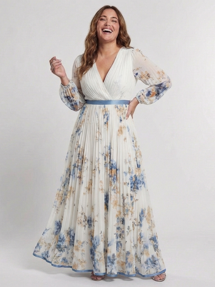 Beautiful women's elegant floral maxi dress, long sleeve, V-neck, suitable for various occasions.