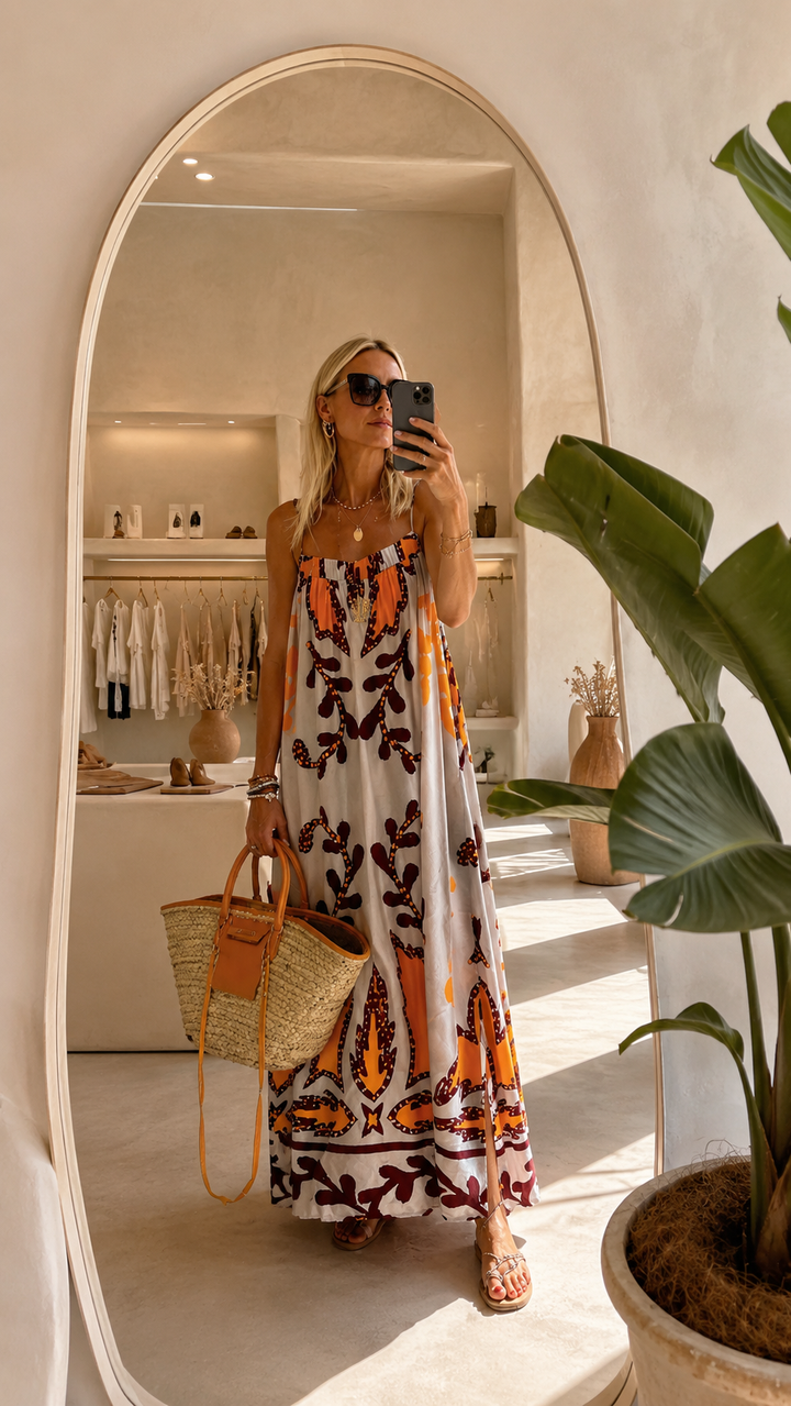 Flowing long orange summer dress for women, perfect for elegant evening wear, holidays, or special occasions.