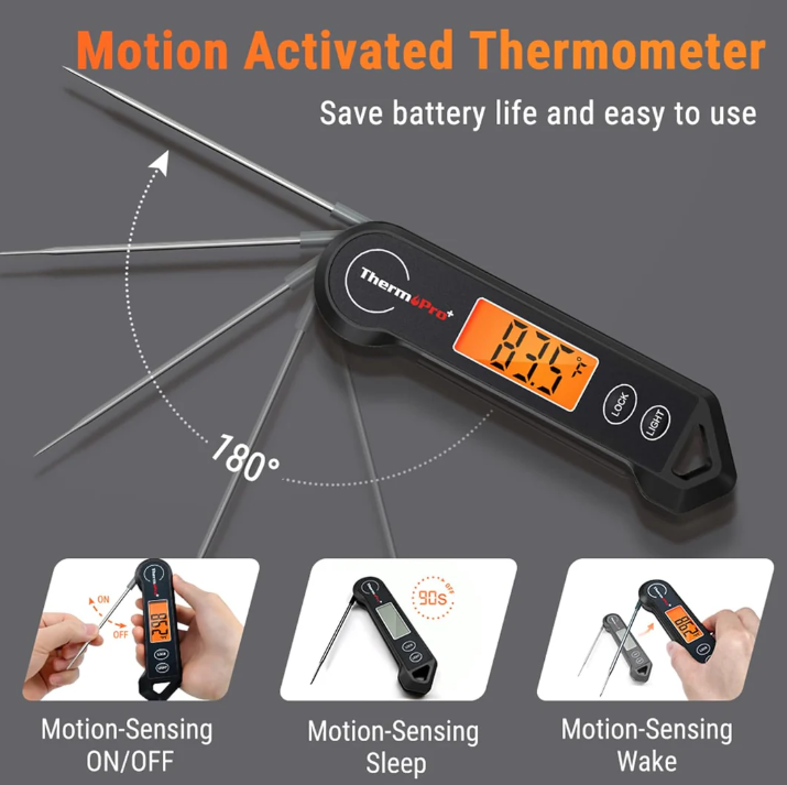 Digital food thermometer with backlit LCD, sleek design, foldable probe, magnetic back, ideal for precise cooking.