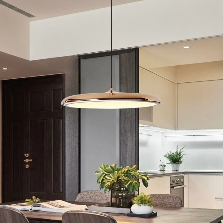 "Disc-shaped Scandinavian pendant light with LED, metal & acrylic materials, in elegant minimalist design for modern décor."