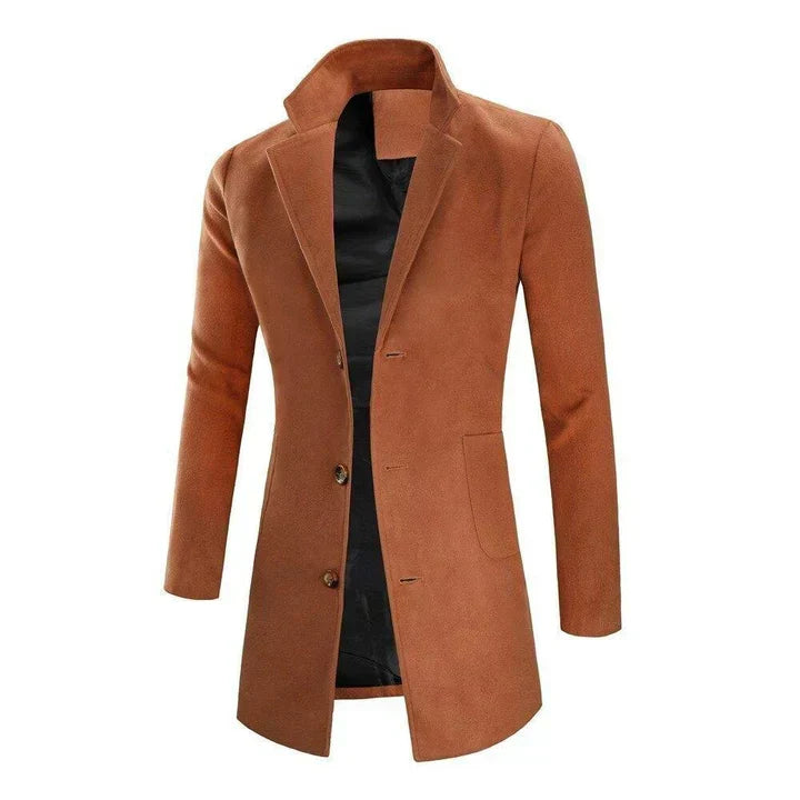 Sleek slim fit men's overcoat, a modern classic. Sophisticated stand collar long coat for elegant men's fashion.
