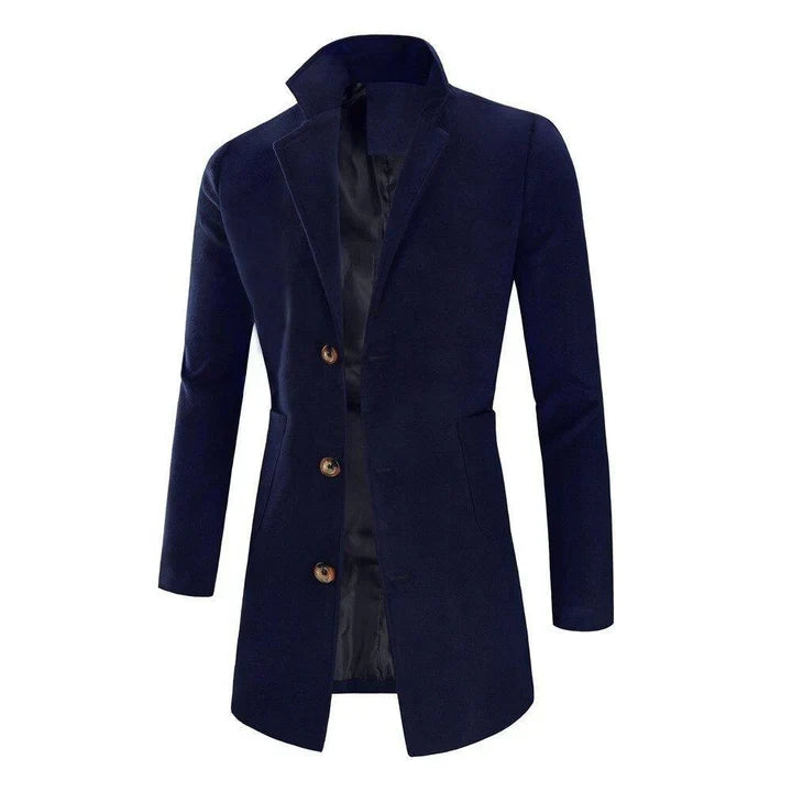 Warm men's overcoat with a stylish stand collar. Versatile outerwear for formal or casual fall and winter looks.