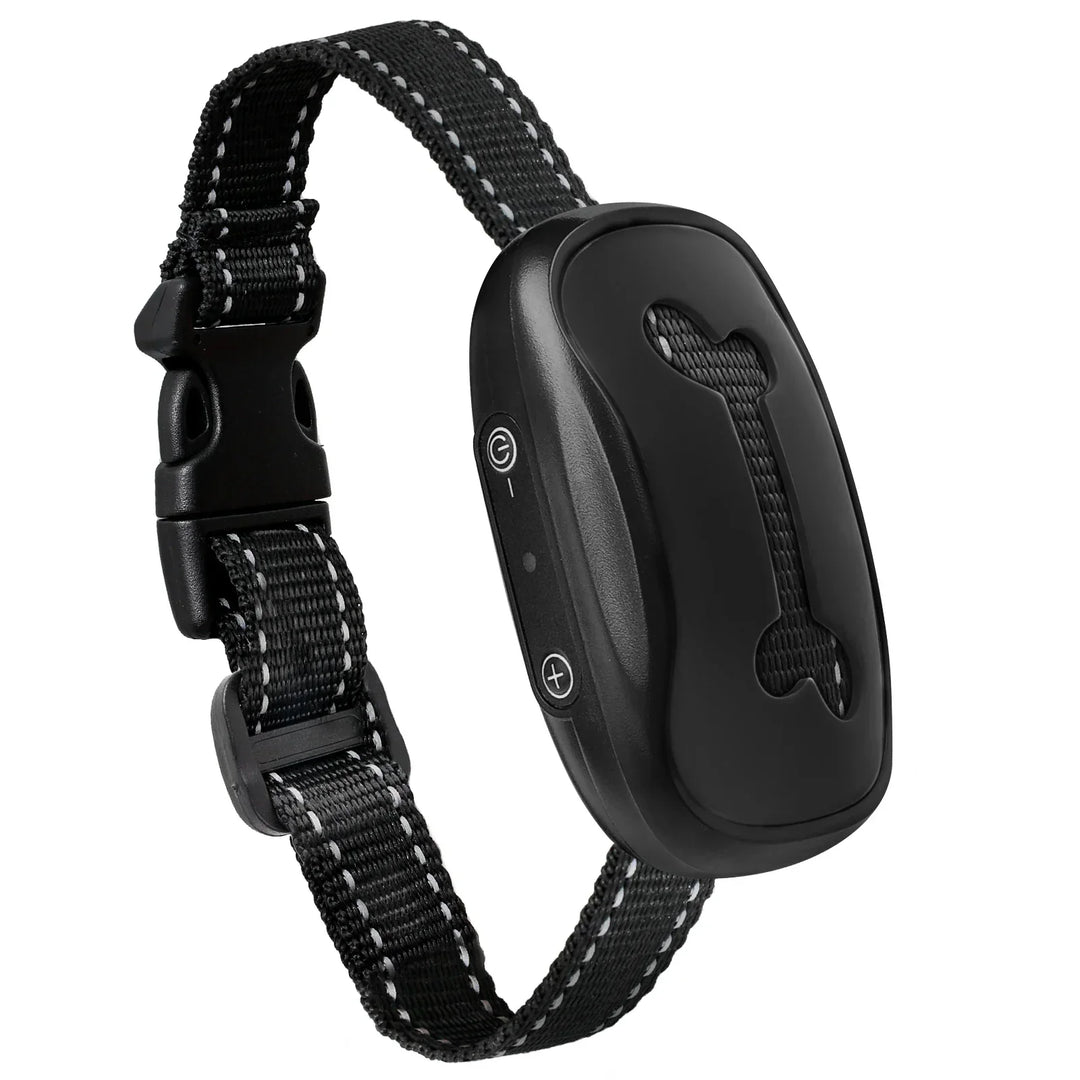 "Dog anti-bark collar with adjustable strap, featuring smart chip, beep, and vibration modes in sleek design, for all dog siz