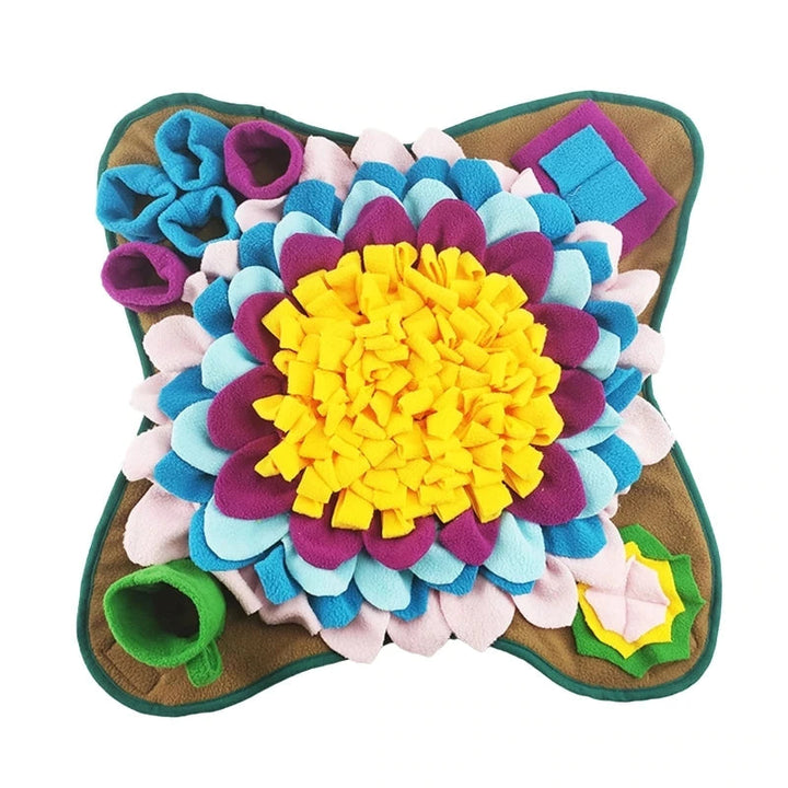 Dog snuffle mat for treat hiding. Interactive pet puzzle toy provides mental stimulation & enrichment for happy dogs.