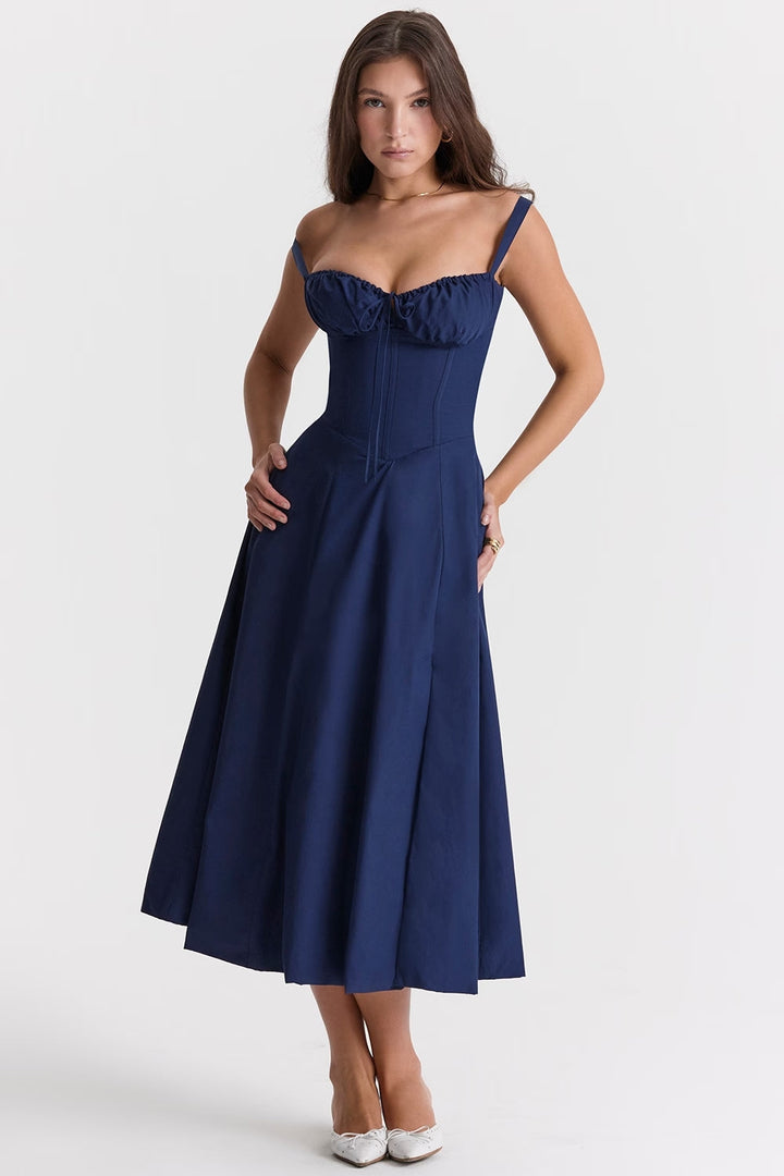Spring floral midi dress for women, elegant with a charming heart neckline design. Versatile.