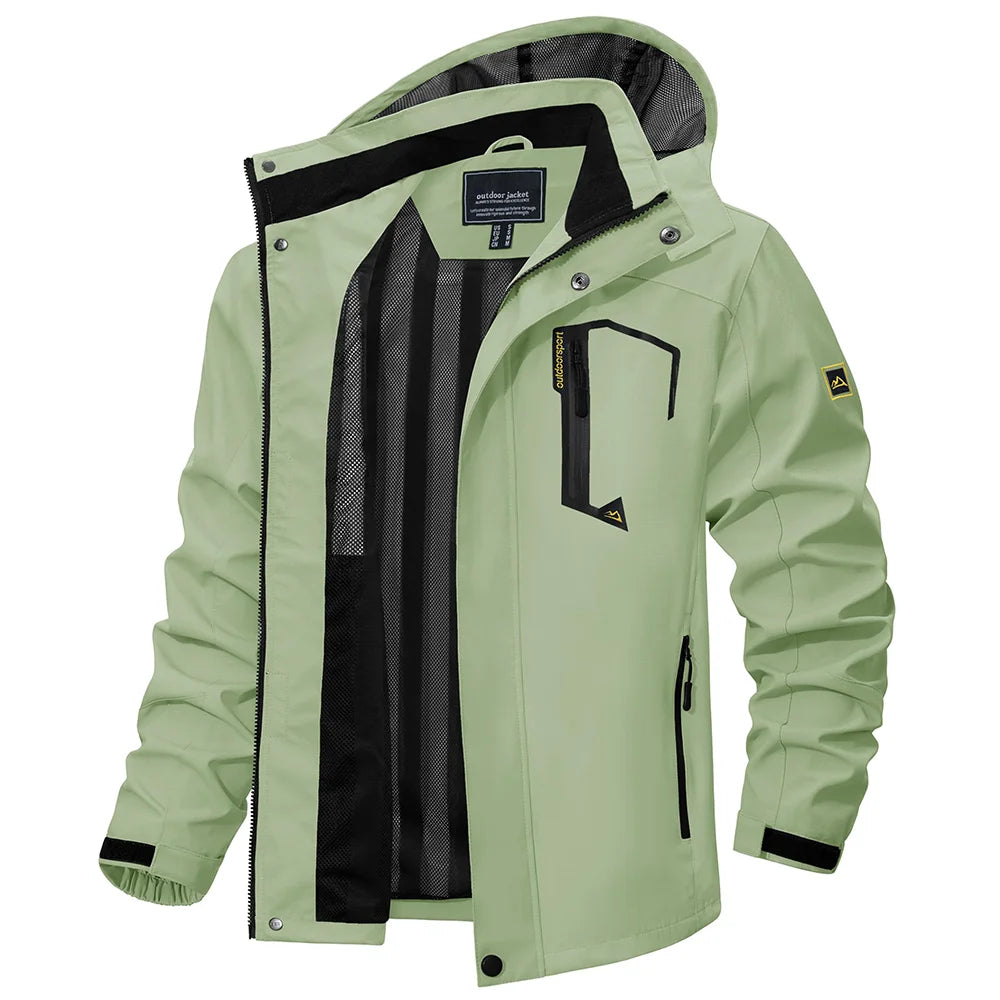 Men's lightweight hooded rain jacket for outdoor adventures & hiking. Water-resistant windbreaker activewear.