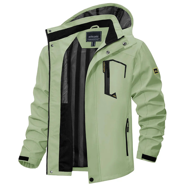 Men's lightweight hooded rain jacket for outdoor adventures & hiking. Water-resistant windbreaker activewear.