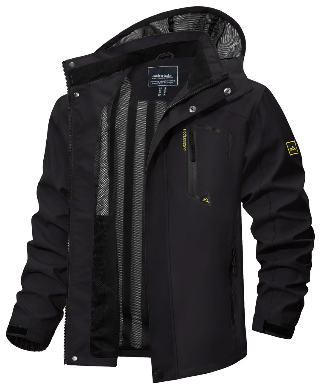 Side view of men's lightweight windbreaker, a water-resistant hooded jacket for outdoor use & travel.