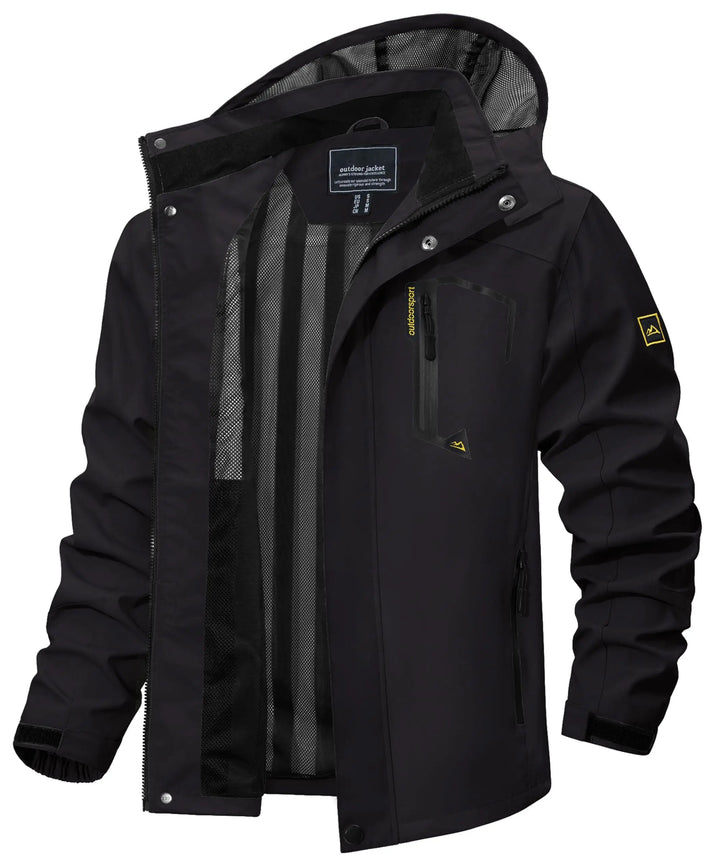 Side view of men's lightweight windbreaker, a water-resistant hooded jacket for outdoor use & travel.