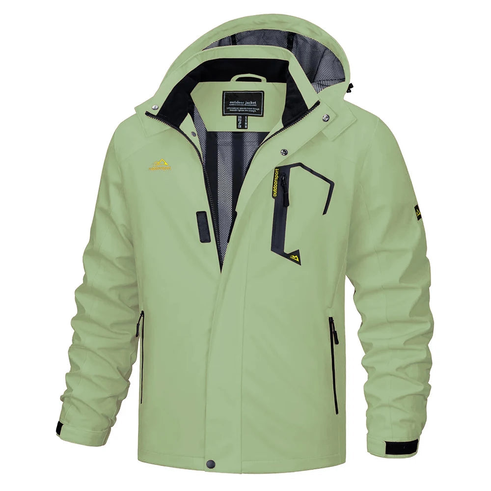 Water-resistant men's hooded rain jacket, lightweight & windproof for outdoor activities and travel.