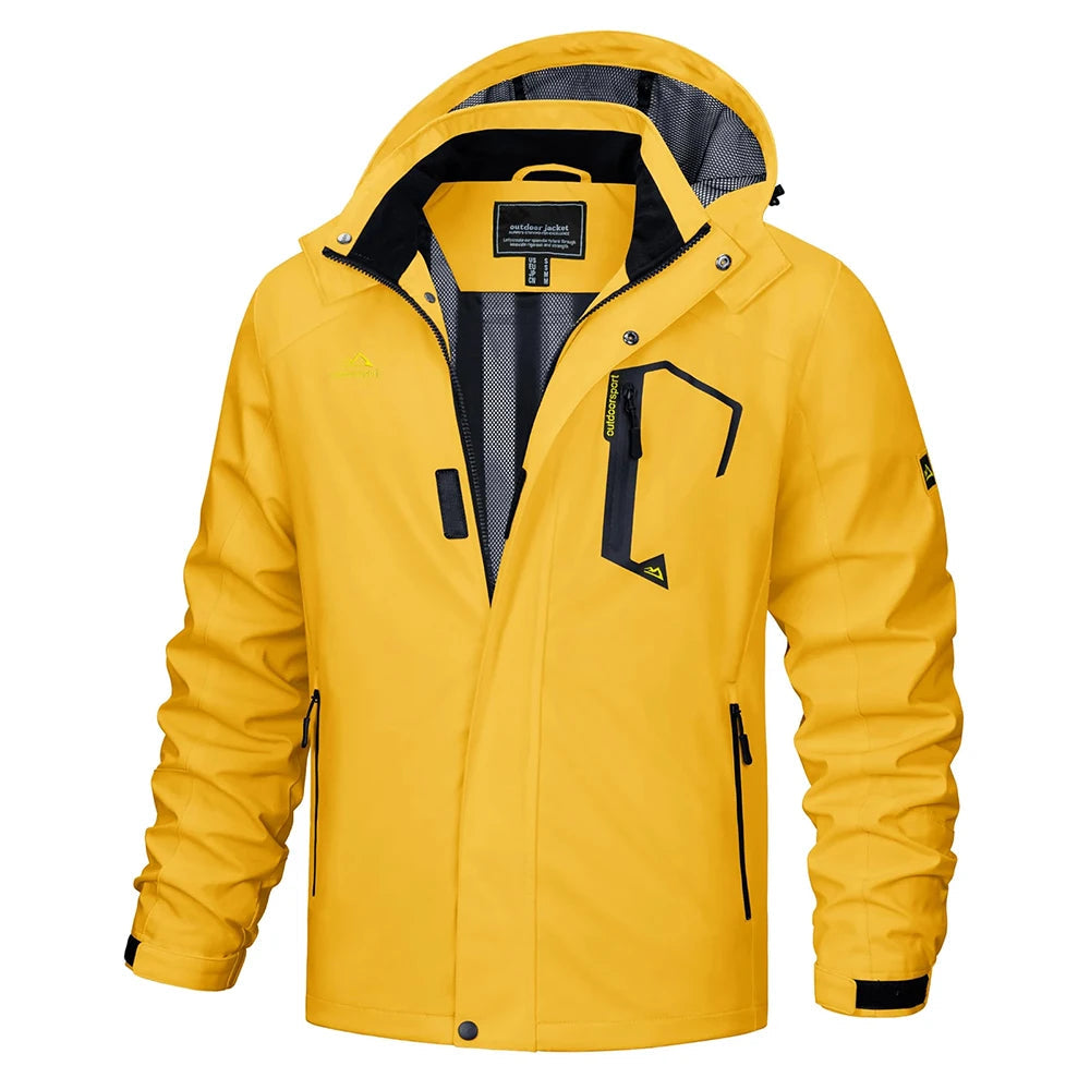Close-up of adjustable hood on a men's lightweight water-resistant rain jacket, essential outdoor gear.