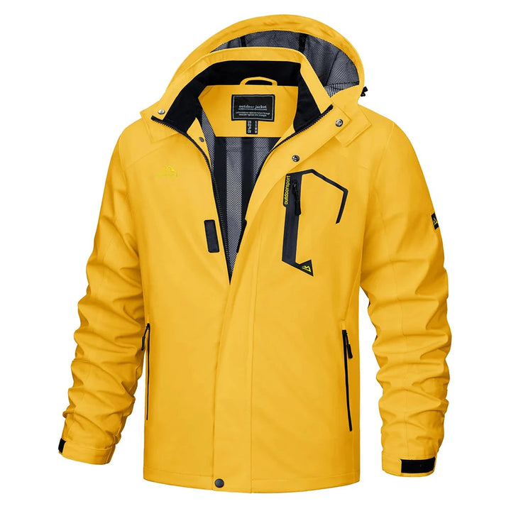 Close-up of adjustable hood on a men's lightweight water-resistant rain jacket, essential outdoor gear.