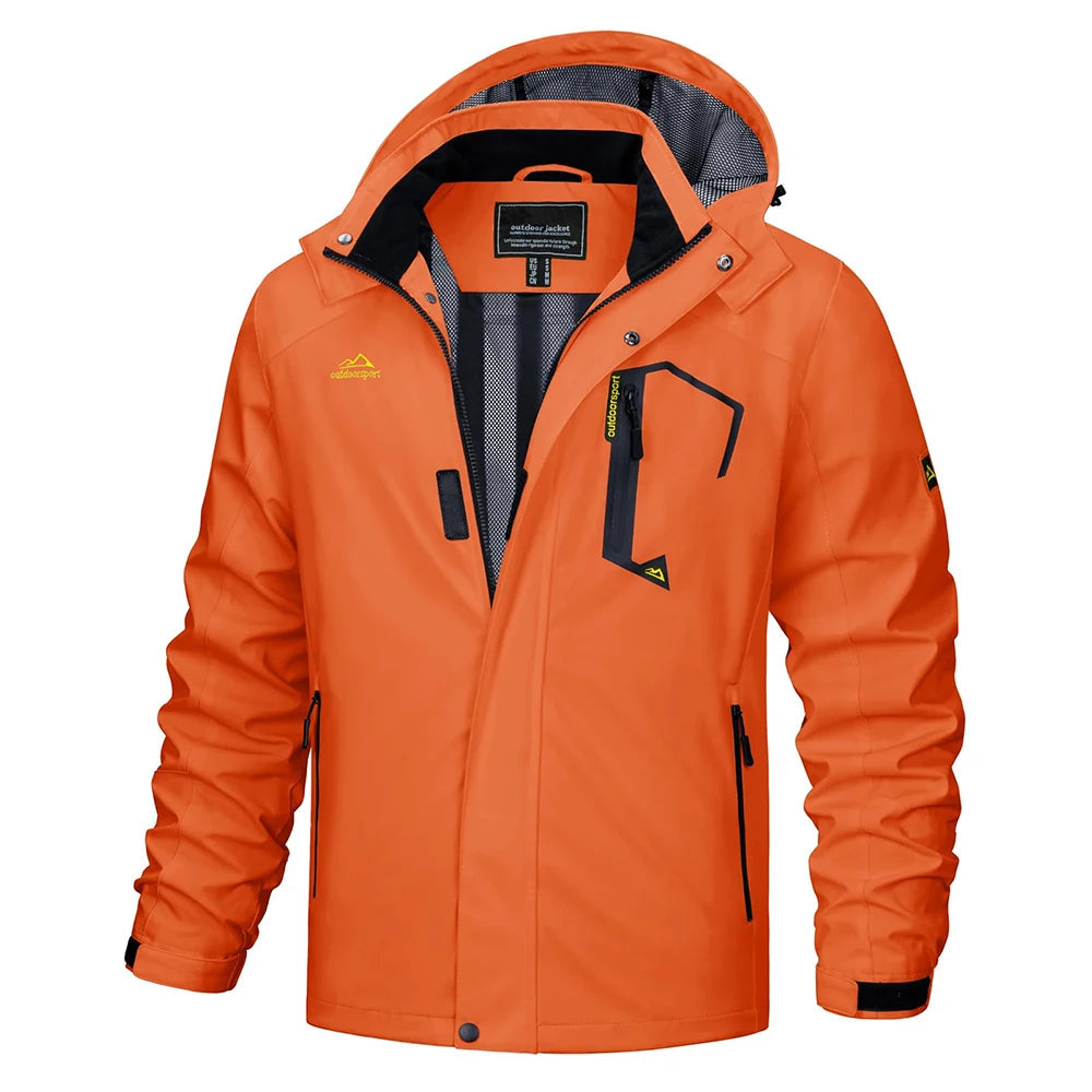Durable men's lightweight hooded rain jacket, high-performance outdoor gear for wet conditions & trails.