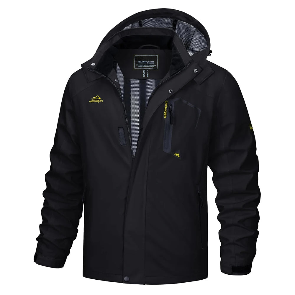 Black men's lightweight hooded rain jacket, essential outdoor gear & activewear for all seasons.