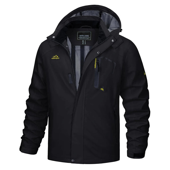 Black men's lightweight hooded rain jacket, essential outdoor gear & activewear for all seasons.