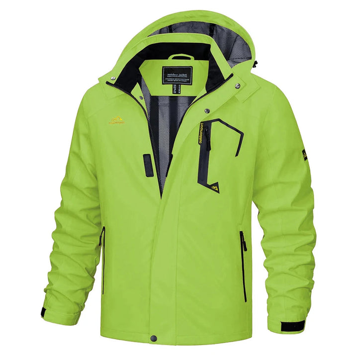Men's lightweight hooded rain jacket, unzipped to show interior, ideal for layering outdoor gear.