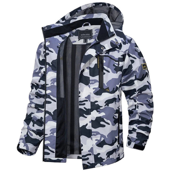 Functional pockets on men's lightweight hooded rain jacket, essential for outdoor travel & hiking.