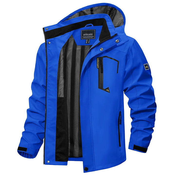 Protective men's hooded rain jacket, water-resistant & windproof for hiking adventures & travel.