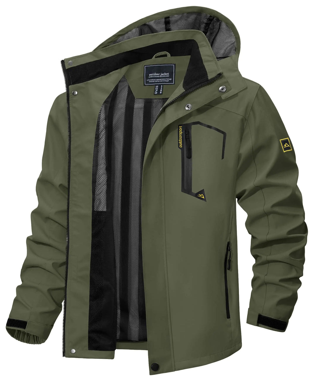 Detail of waterproof zipper on a men's lightweight hooded rain jacket, durable outerwear fabric.