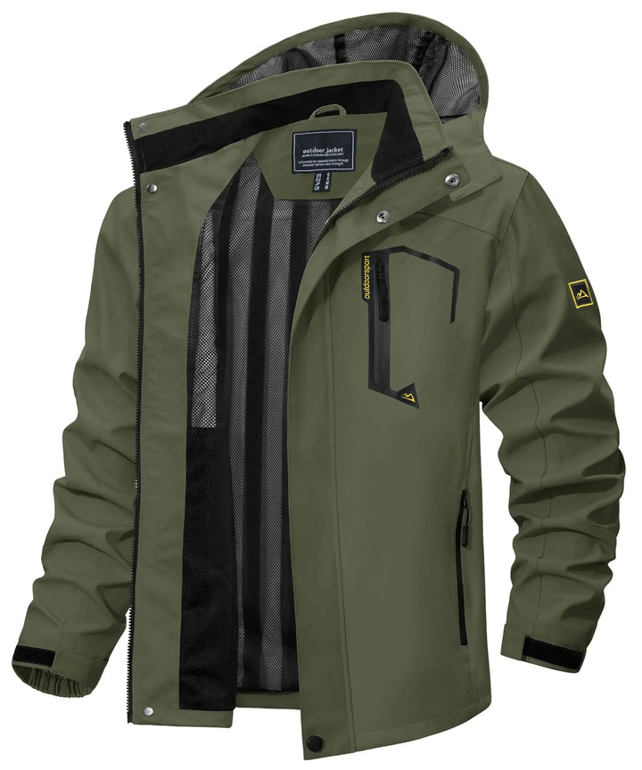 Detail of waterproof zipper on a men's lightweight hooded rain jacket, durable outerwear fabric.