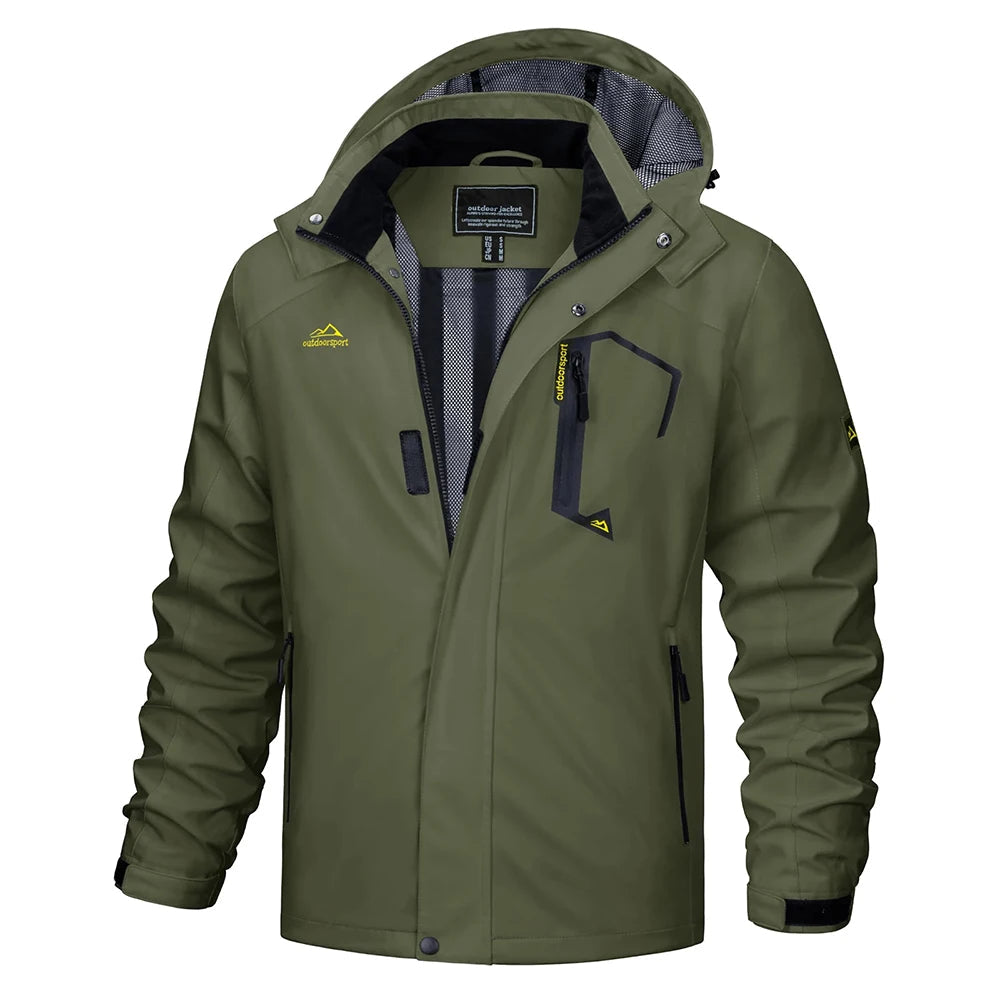 Back view of men's lightweight hooded rain jacket, designed for outdoor activewear & hiking.