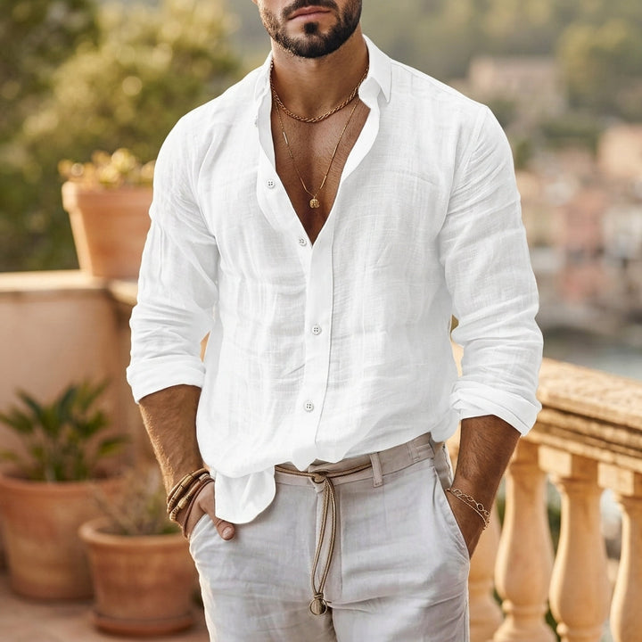 Men's white relaxed fit short sleeve button-down summer shirt, ideal for casual warm weather fashion & vacations.