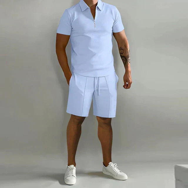 Comfortable men's two-piece polo & shorts set, featuring soft fabric for relaxed casual and warm weather style.