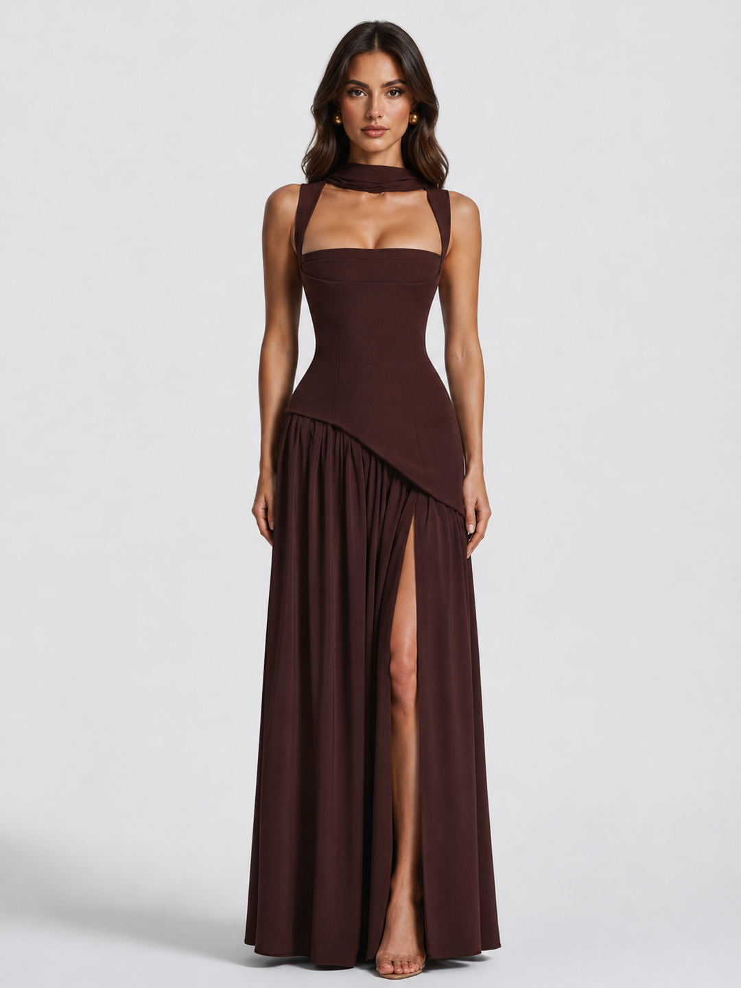 Women's draped maxi dress in a vibrant color, perfect for effortless summer style & elegance.