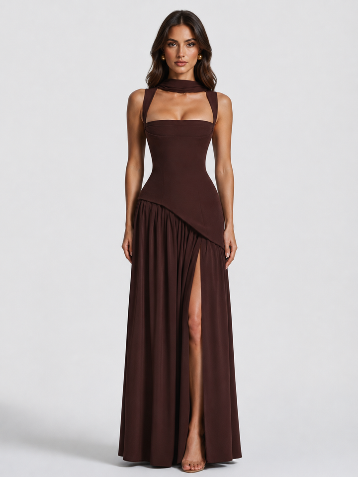 Women's draped maxi dress in a vibrant color, perfect for effortless summer style & elegance.