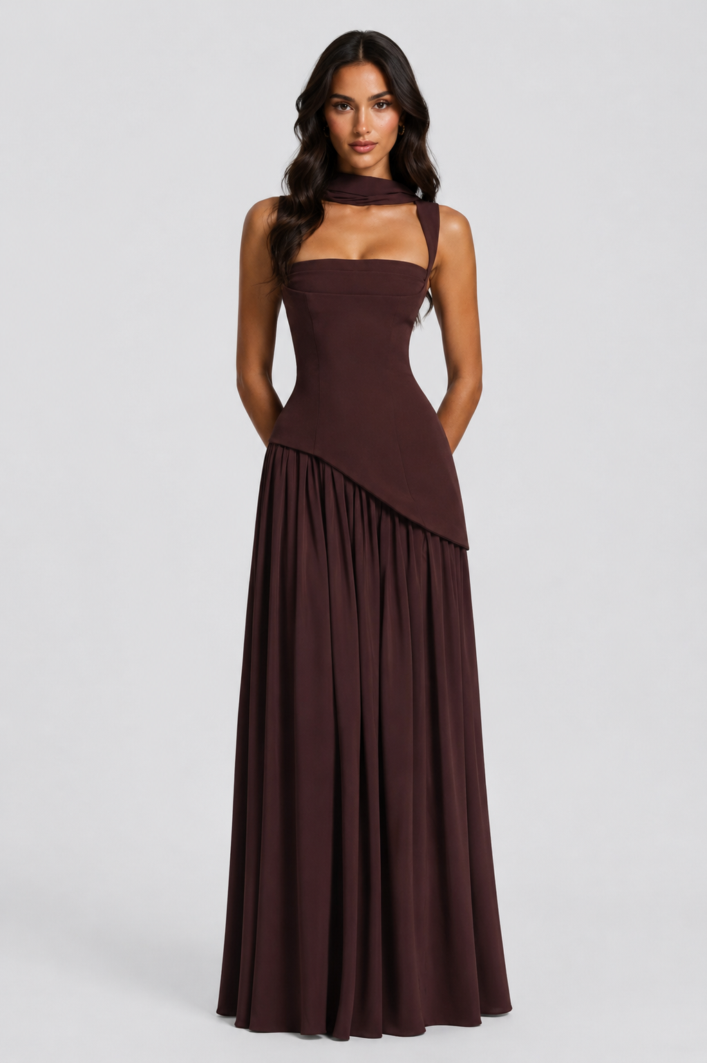 Versatile women's draped maxi dress, a fashionable choice for elegant summer and holiday outfits.