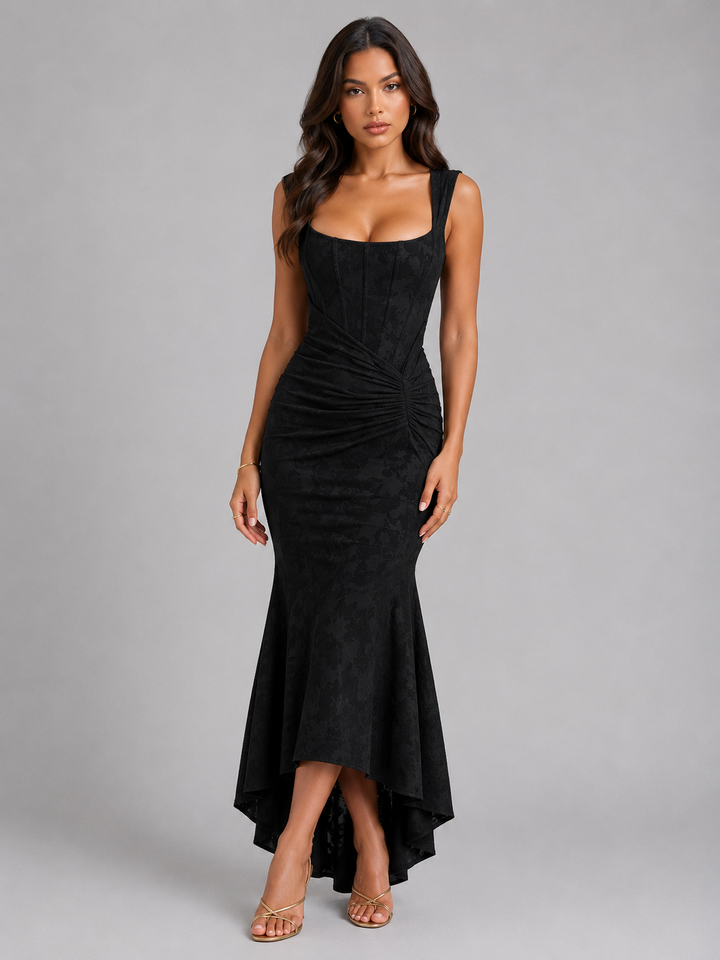 Full-length view of a beautiful floral asymmetrical maxi dress for women, with a flattering corset top. Great for elegant summer fashion.