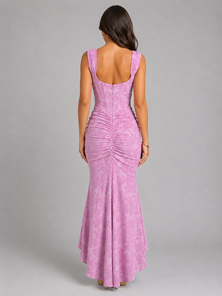 Vibrant floral women's maxi dress with structured corset & flowing asymmetrical skirt. Ideal for parties & elegant evening wear.