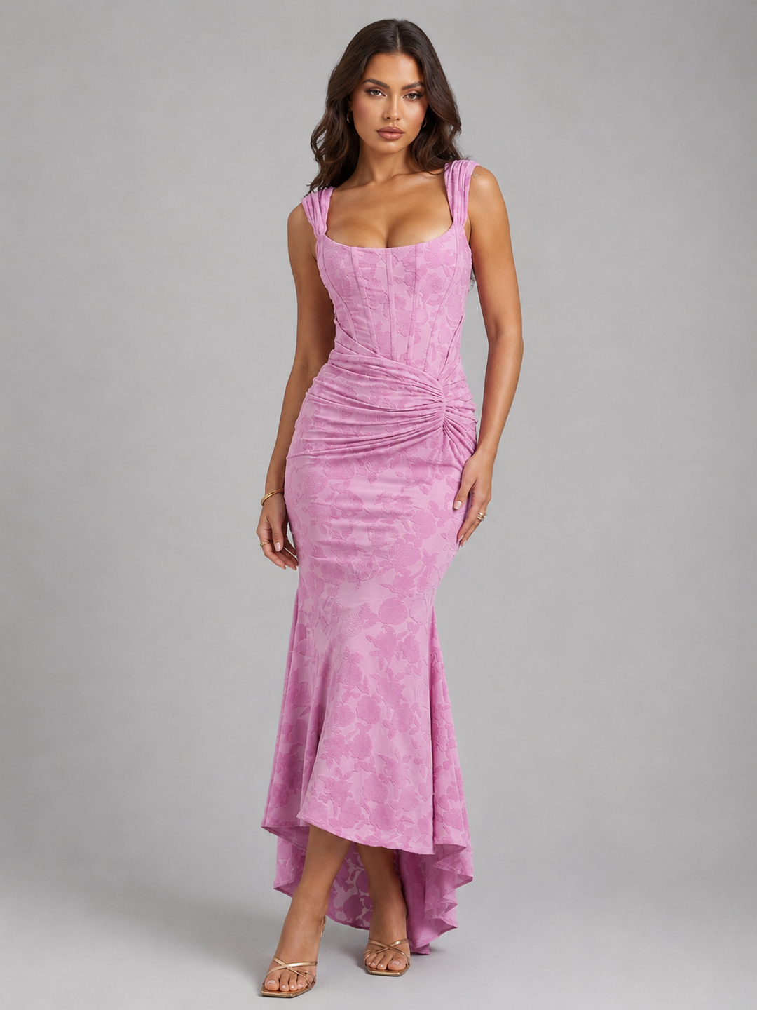 Elegant women's floral maxi dress with a corset bodice & asymmetrical hem. Perfect for summer parties & evening events.