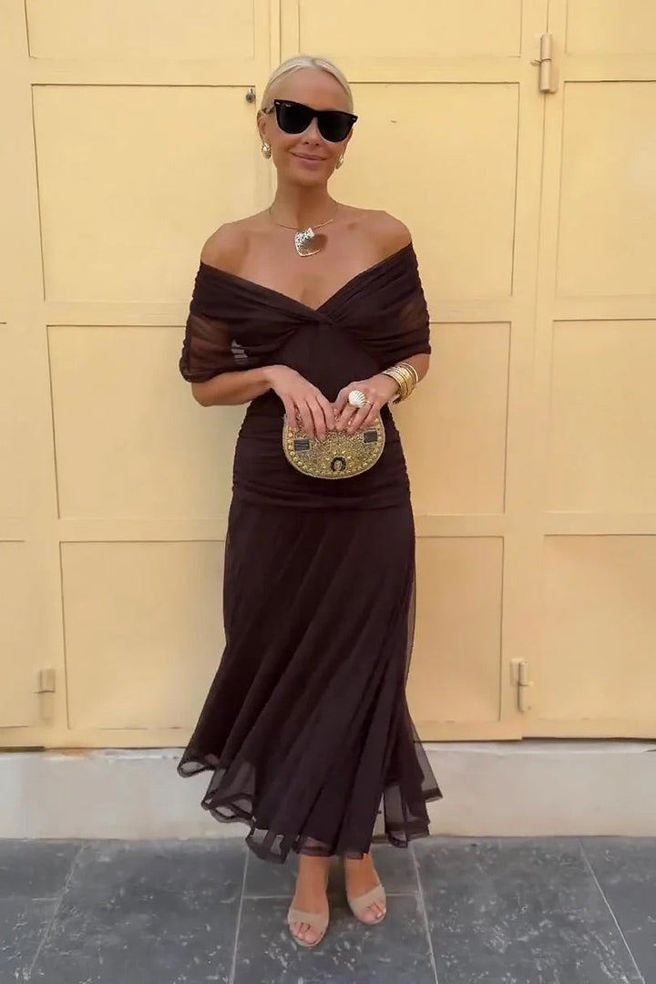 Effortless casual elegant off-shoulder maxi dress for women, chic summer style for any occasion.