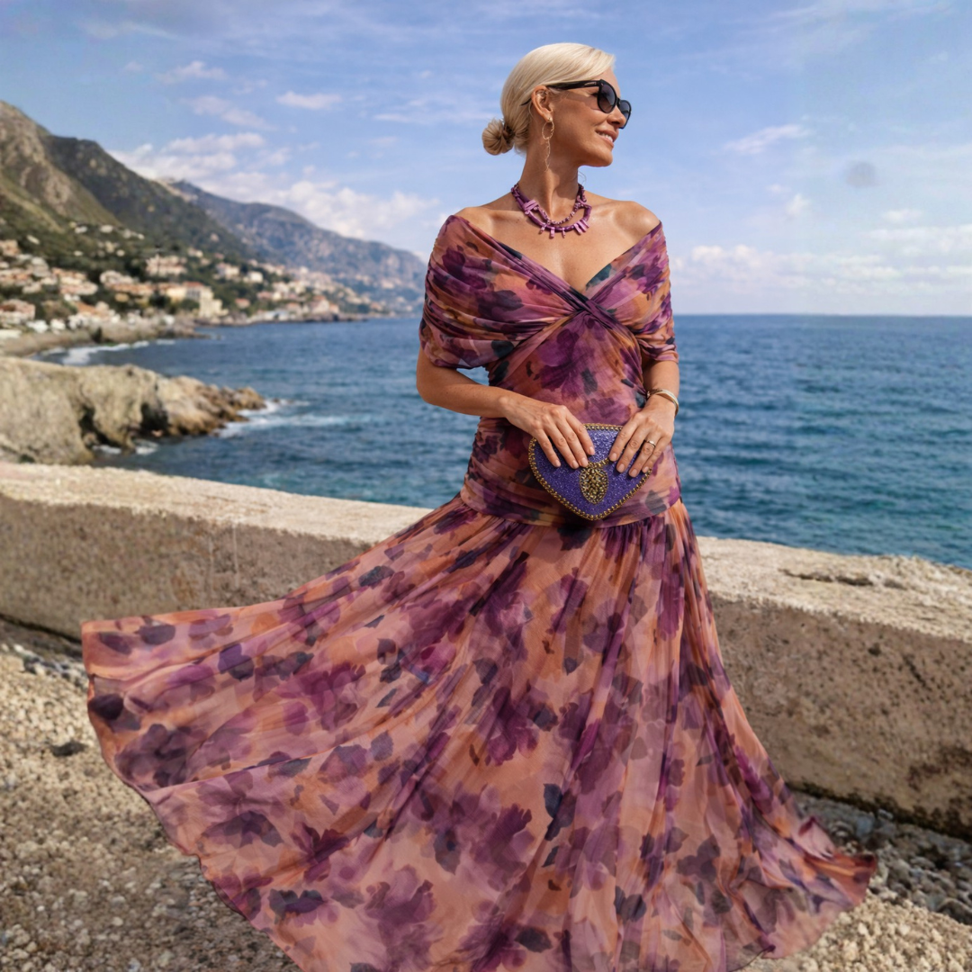 Feminine & effortless women's off-shoulder maxi dress, perfect for summer vacations & elegant resort wear.