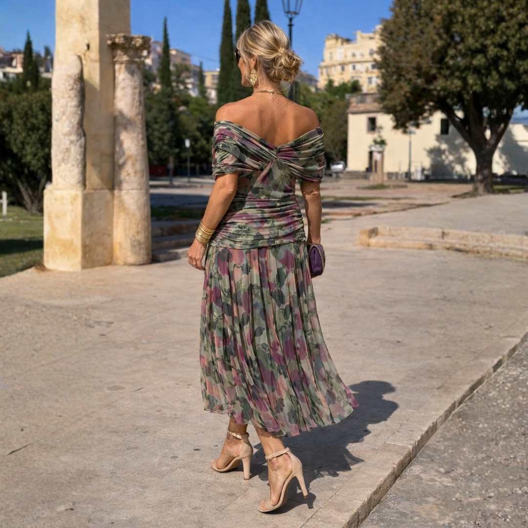 Women's off-shoulder maxi dress designed for effortless summer style, ideal for beach & casual events.