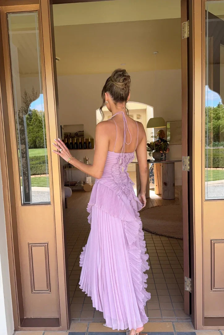 Chic women's pleated maxi dress with ruffles, offering an elegant flow for any special occasion.