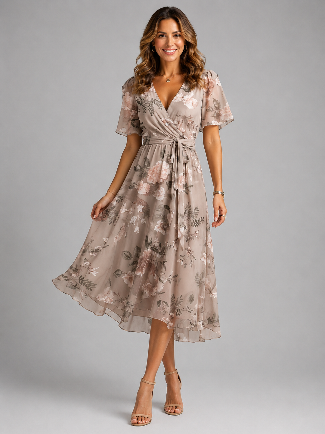 Women's floral midi dress with flattering tummy control design, perfect for elegant summer and vacation wear.