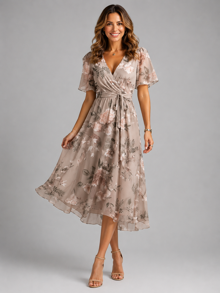 Women's floral midi dress with flattering tummy control design, perfect for elegant summer and vacation wear.